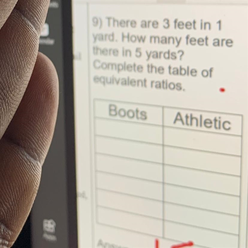 9) There are 3 feet in 1 yard. How many feet are there in 5 yards? Complete the table-example-1