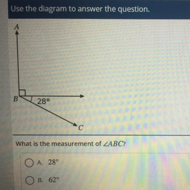 What is the measurement of A: 28 B: 62 C: 90 D: 118 E: 208-example-1