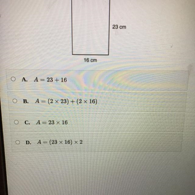 Which equation represents A, the area in square centimeters of the rectangle below-example-1