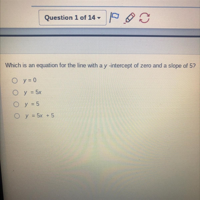 Which is an equation for the line with a y -intercept of zero and a slope of 5?-example-1