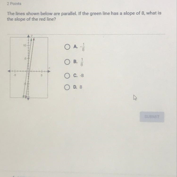 The lines shown below are parallel if the green line has a slope of 8 what is the-example-1