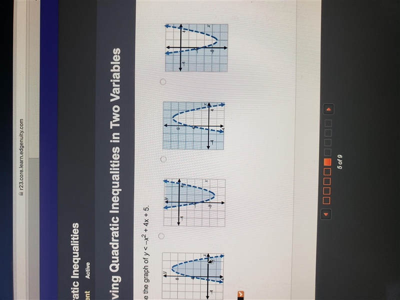 Choose the graph of y less than negative x squared plus 4x + 5-example-1