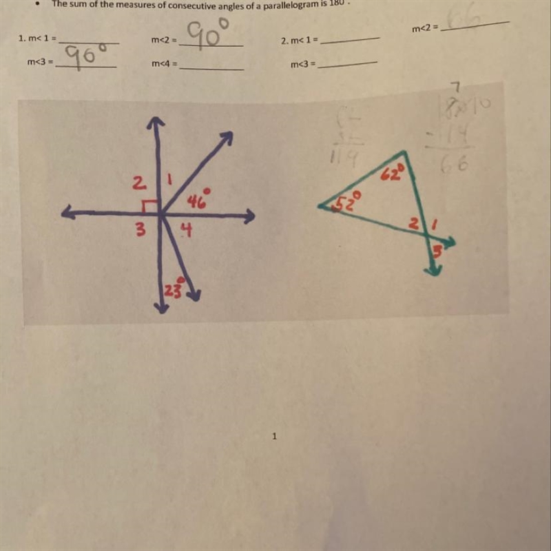 What are the angle measurements of angles 1 &4 for #1 & measurements of angles-example-1