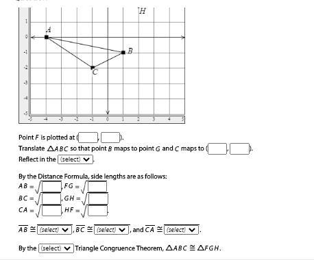 Plot point F so that △ABC ≅ △FGH. Identify a sequence of rigid motions that maps △ABC-example-2