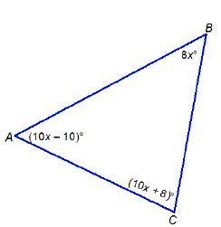 In Triangle A B C, what is the value of x? Triangle A B C. Angle A is (10 x minus-example-1