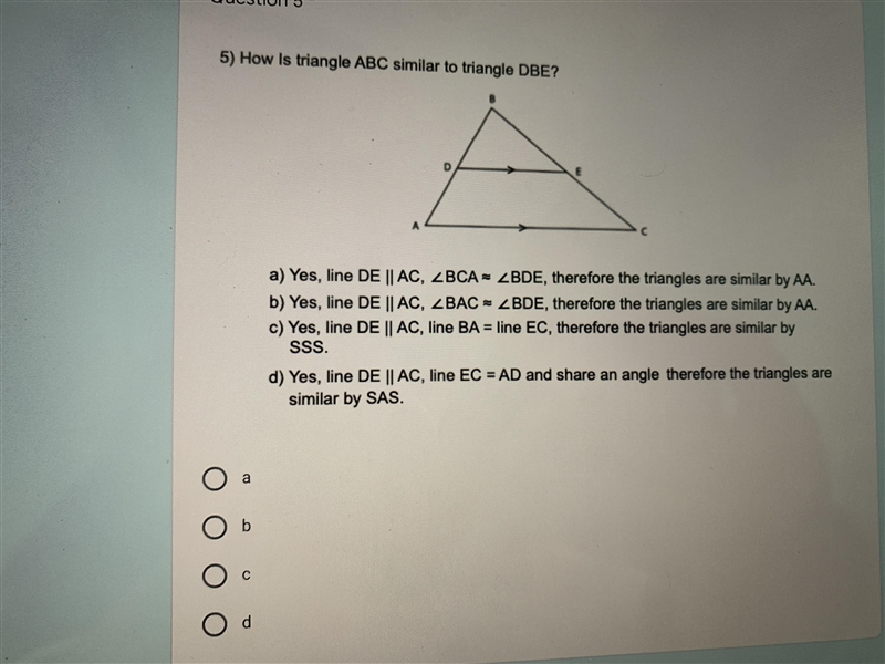 How is Triangle ABC similar to DBE?-example-1