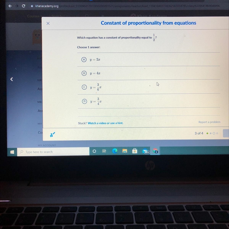 1 Which equation has a constant of proportionality equal to1/2 Choose 1 answer:-example-1