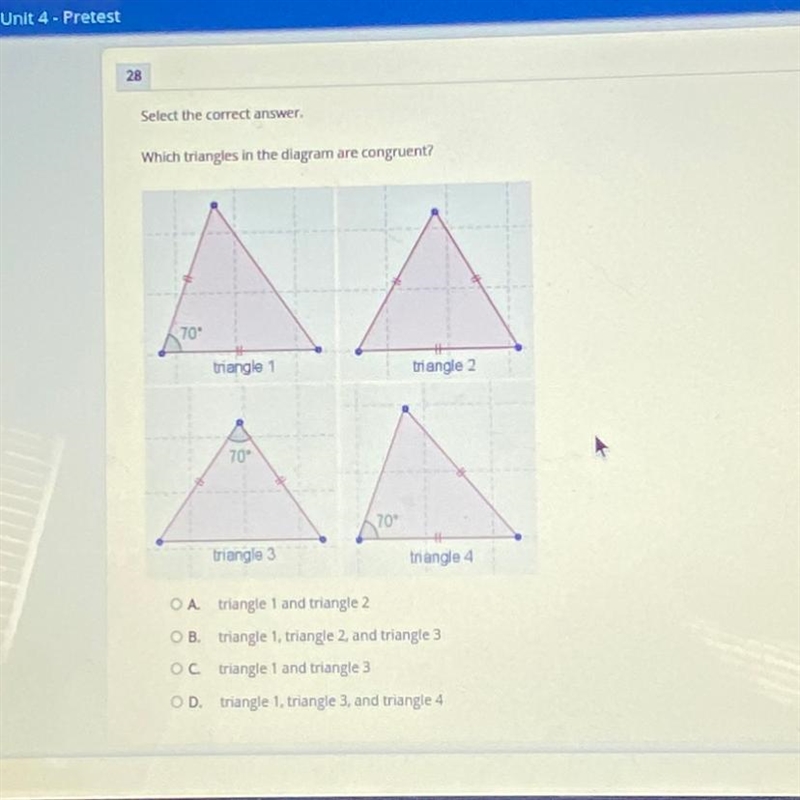 Select the correct answer. Which Triangles in the diagram are congruent?-example-1