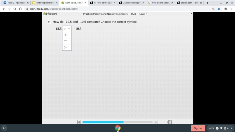 How do -12.5 and 10.5 compare?choose the correct symbol. Pls help-example-1