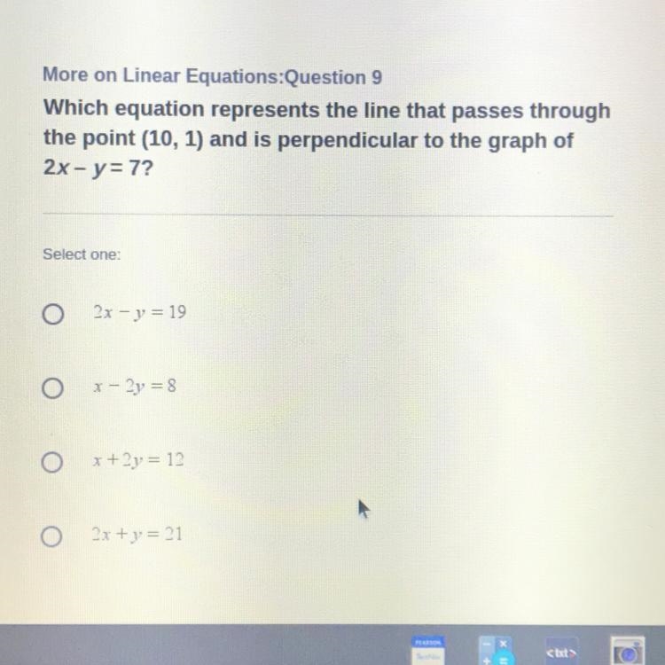 Which equation represents the line that passes through the point (10, 1) and is perpendicular-example-1