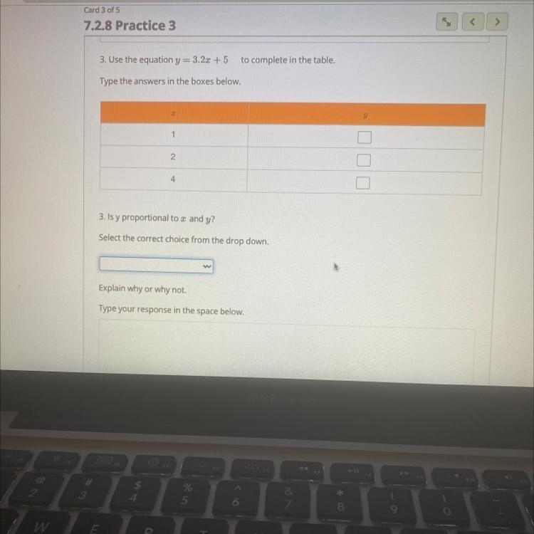 3. Use the equation y = 3.2x + 5 to complete in the table. Type the answers in the-example-1