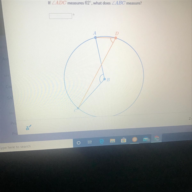 A circle is centered on point B, points A,C and D lie on its circumference. If angle-example-1