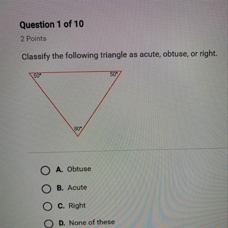 Classify the following triangle as acute, obtuse , or right-example-1