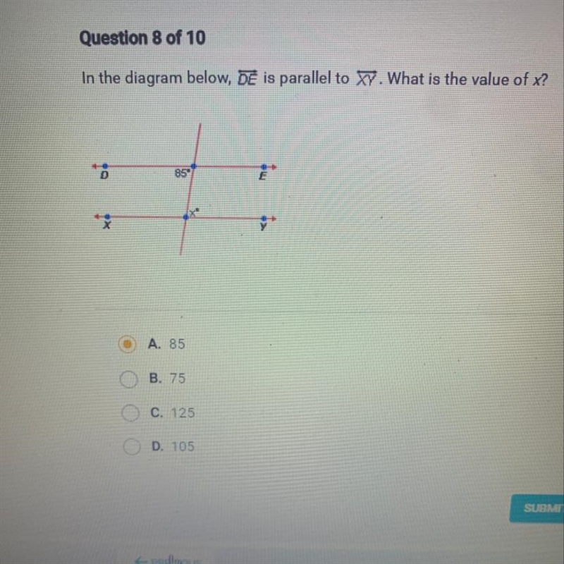 In the diagram below, DE is parallel to XY. What is the value of x? ca 859 X X y A-example-1