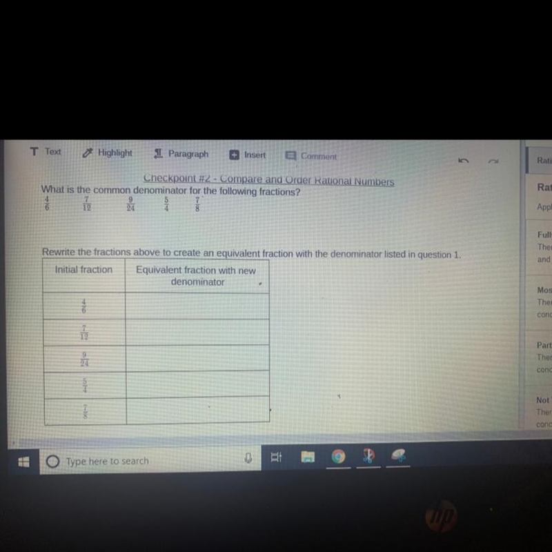 What is the common denominator for the following fractions? 4/6 , 7/12 , 9/24 , 5/4 , 7/8-example-1