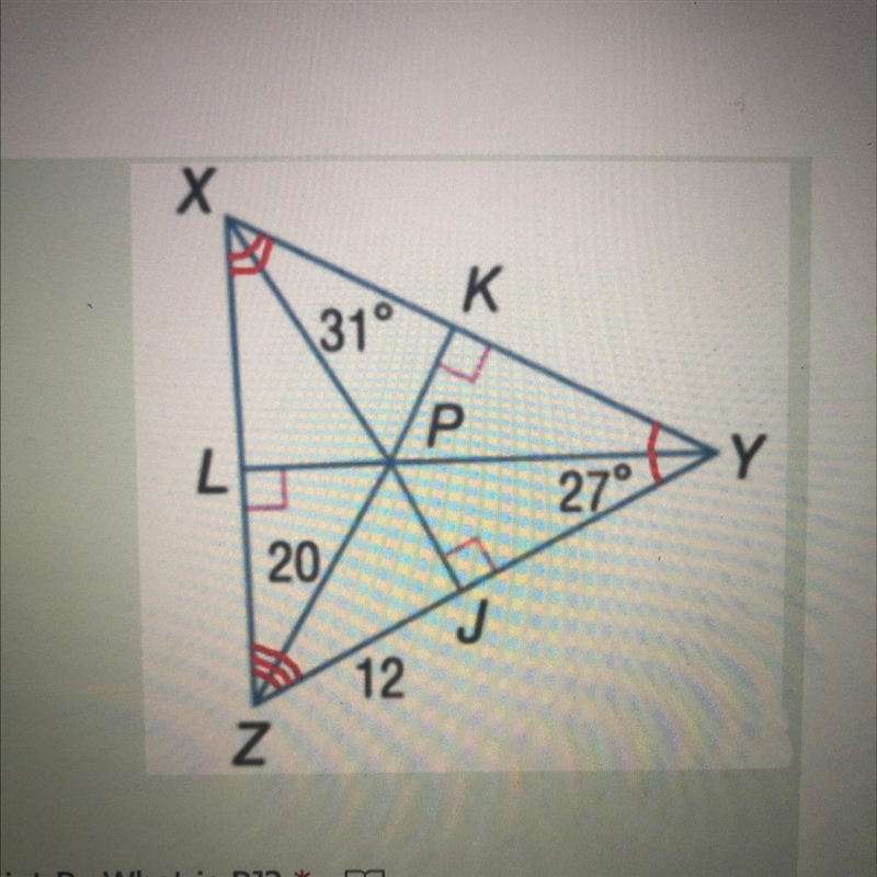 The angle bisectors of triangle XYZ meet at point P. What is PJ?-example-1