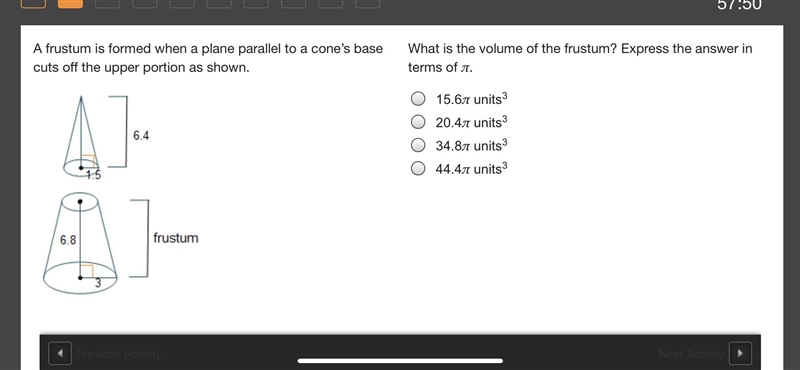 What is the volume of the frustum? Express the answer in terms of π.-example-1