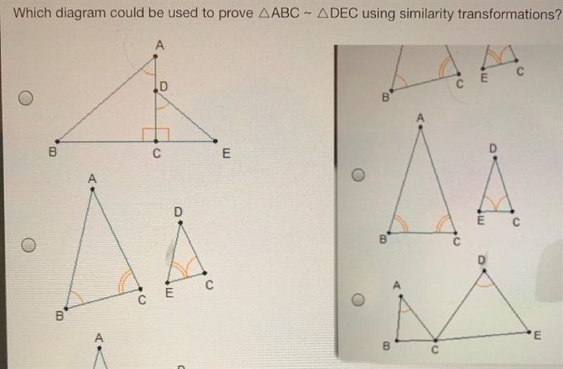 Which diagram could be used to prove (triangle) ACB ~ (triangle) DEC using similarity-example-1