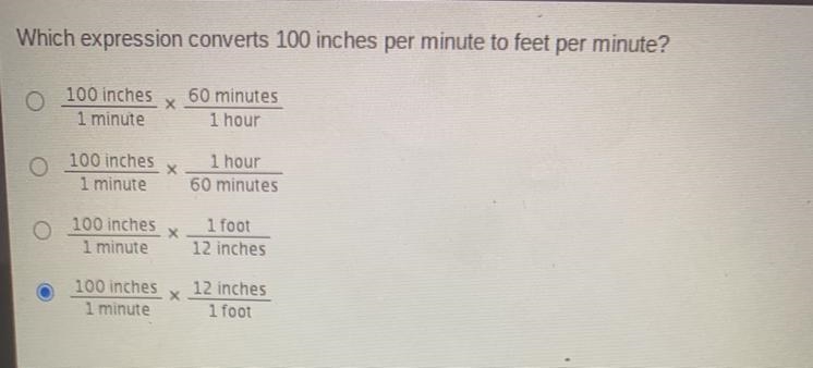 Which expression converts 100 inches per minute to feet per minute??-example-1