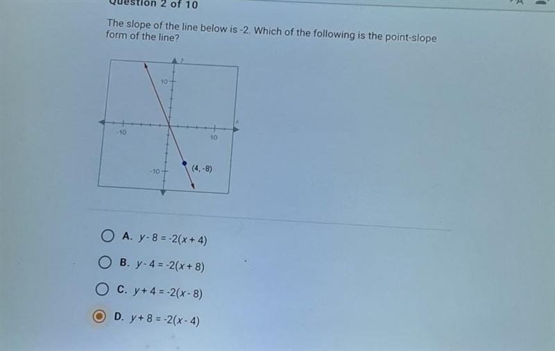 The slope of the line below is-2. Which of the following is the point-slope form of-example-1