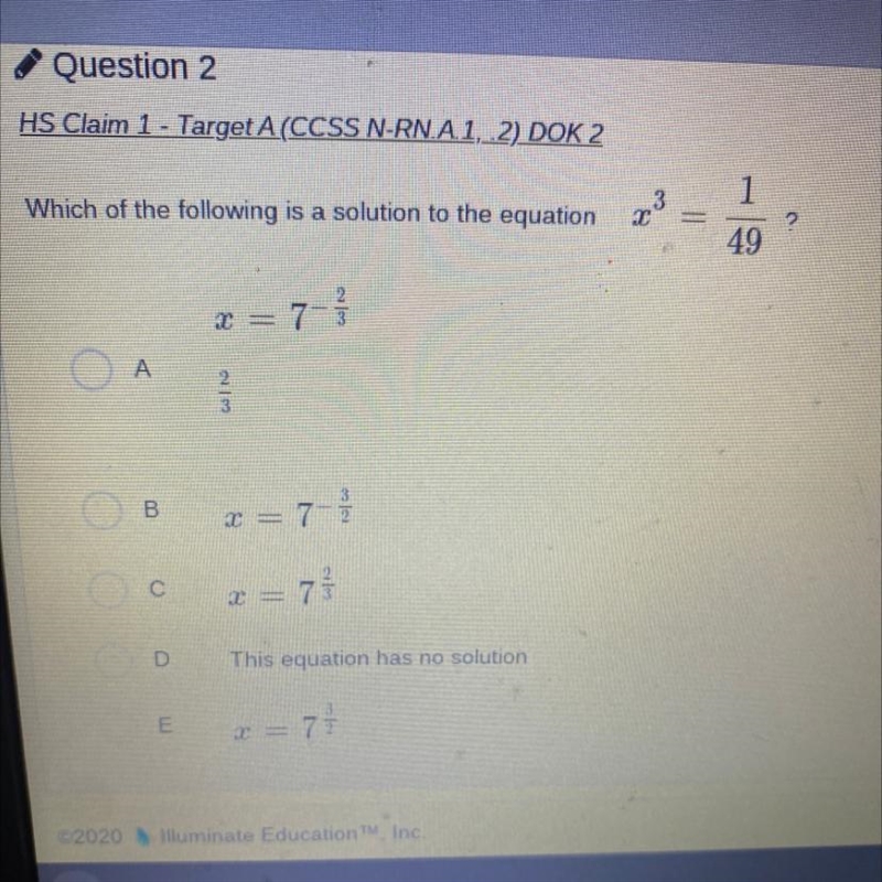 Time test pls hurry3 Which of the following is a solution to the equation ? 49 c=7-} A-example-1