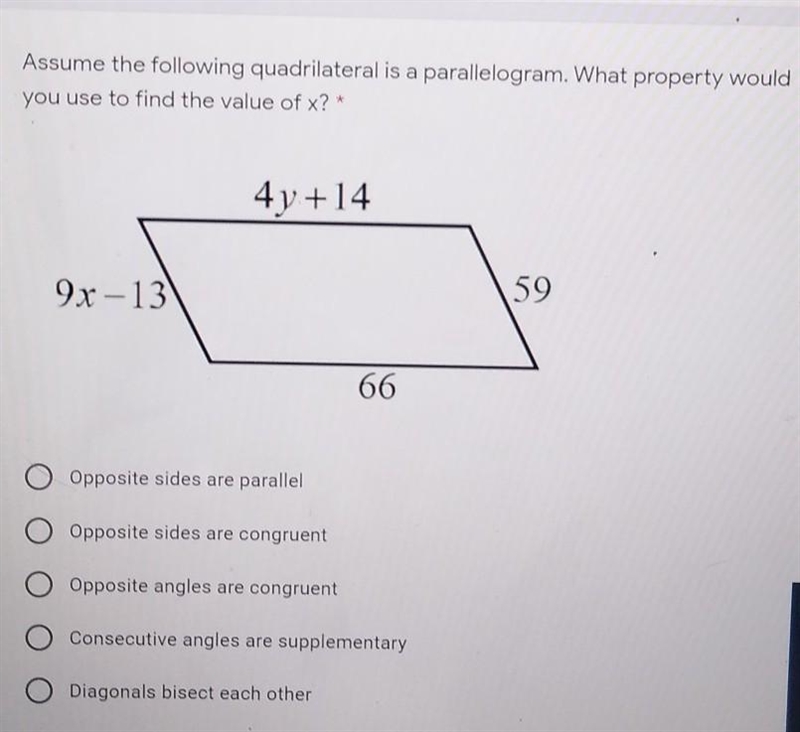 Assume the following quadrilateral is a parallelogram. what property would you use-example-1