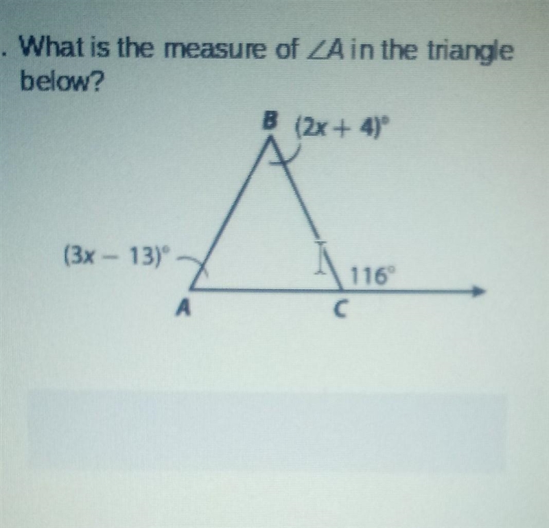 What is the measure of <A in the triangle below?​-example-1