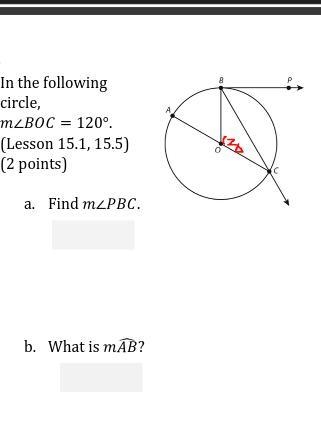 In the following circle, m∠BOC=120°. Find PBC.-example-1