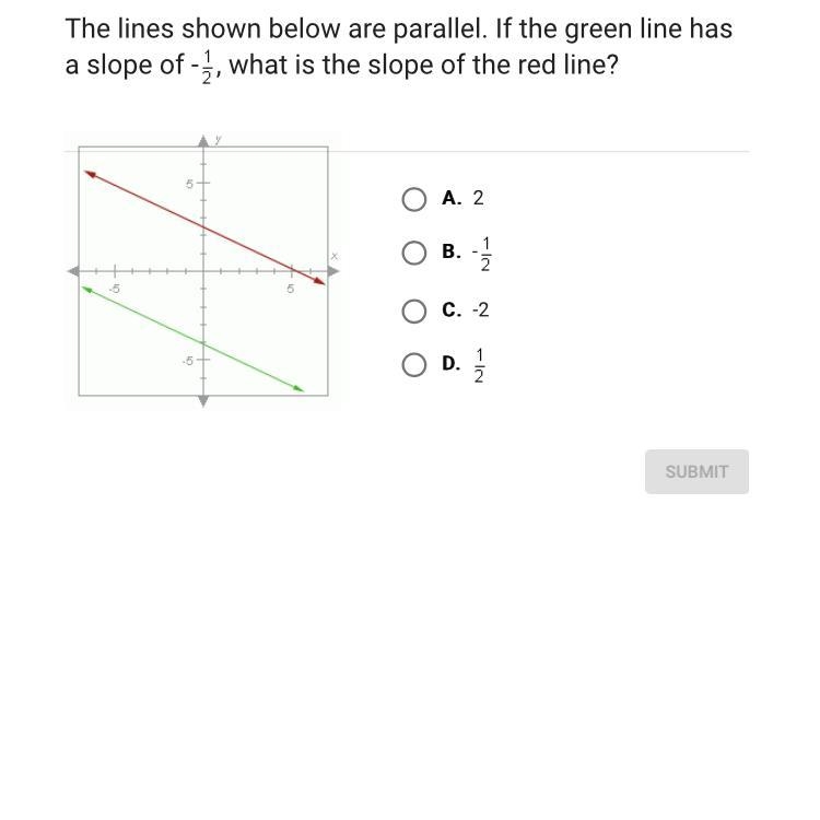 The lines shown below are parallel. If the green line has a slope of -1/2, what is-example-1