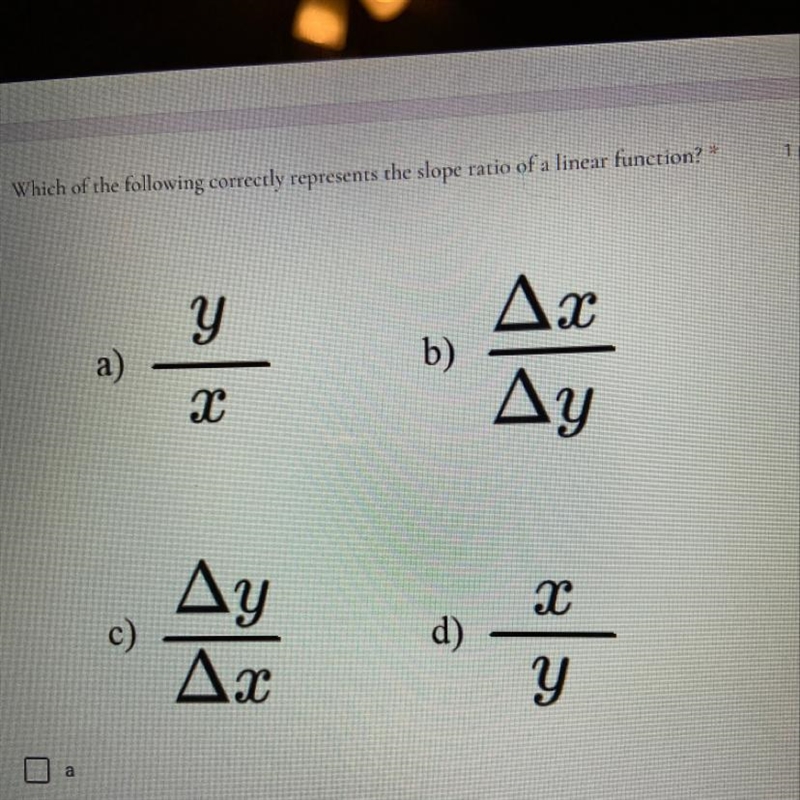 Which of the following correctly represents the slope ratio of a linear function?-example-1