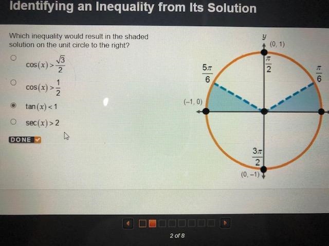 Which inequality would result in the shaded solution on the unit circle to the right-example-1