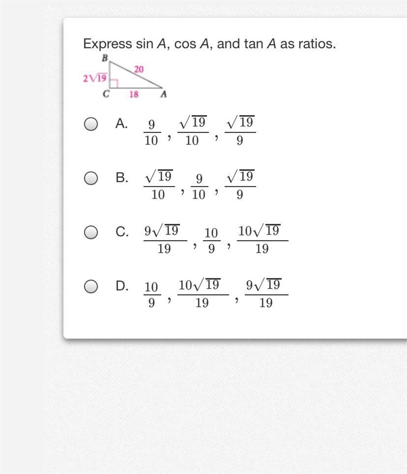 Express sin A, cos A, and tan A as ratios.-example-1