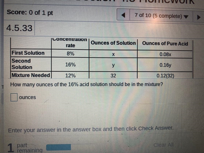 Doreen Schmidt is a chemist. She needs to prepare 32 ounces of a 12% hydrochloric-example-1