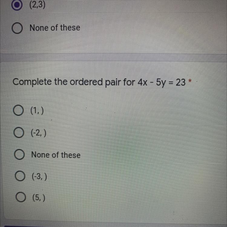 Complete the ordered pair for 4x - 5y = 23-example-1