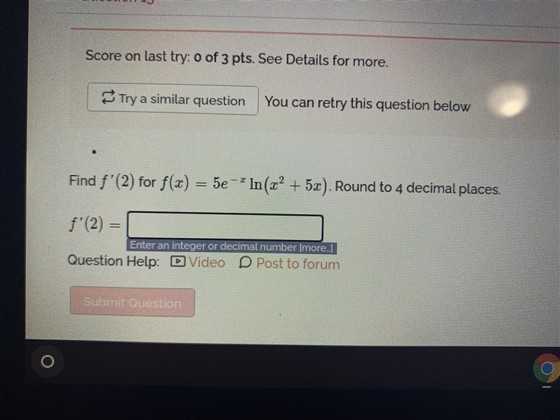 Find f’(2) for f(x)=5e^-xln(x^2+5x)-example-1