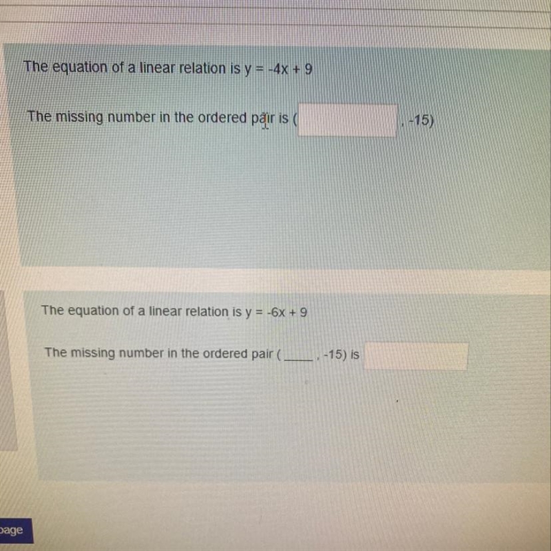 The equation of a linear relation is y = -4x + 9 The missing number in the order pair-example-1