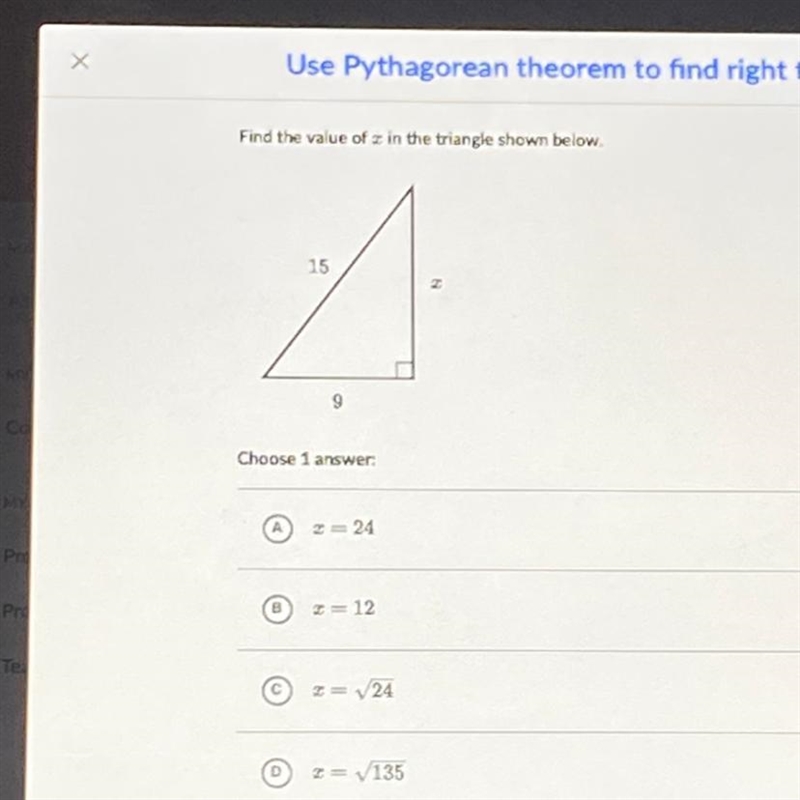 Find the value of x in the triangle shown below. 15 X 19-example-1