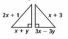 GEOMETRY PLEASE HELP If the triangles below are congruent, find x and y.-example-1