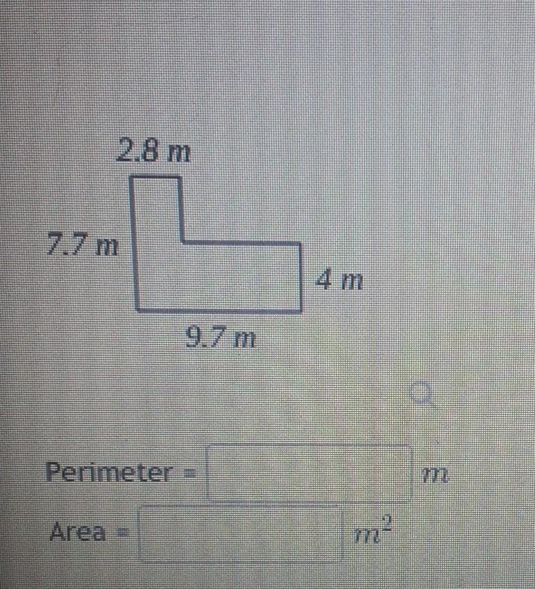 How to find the perimeter and area of 7.7m, 2.8m, 9.7m, 4​-example-1