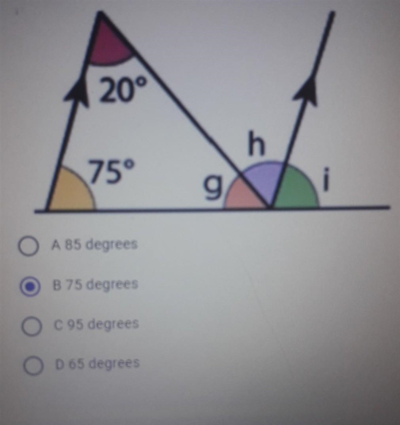 Calculate the size of angle 'i' in the triangle illustrated below.​-example-1