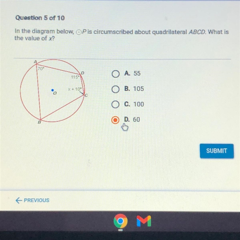 In the diagram below, OPis circumscribed about quadrilateral ABCD. VWhat is the value-example-1