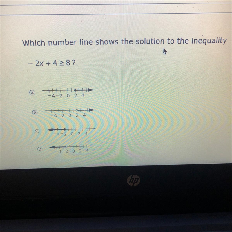 -2x + 4>8 which number line shows the solution to the inequality-example-1