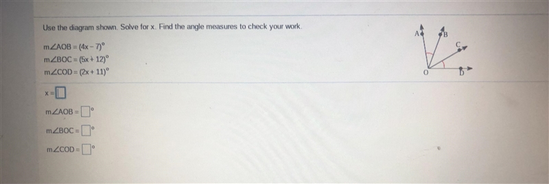 Use the diagram shown. Solve for x. Find the angle measures to check your work. (Edit-example-1