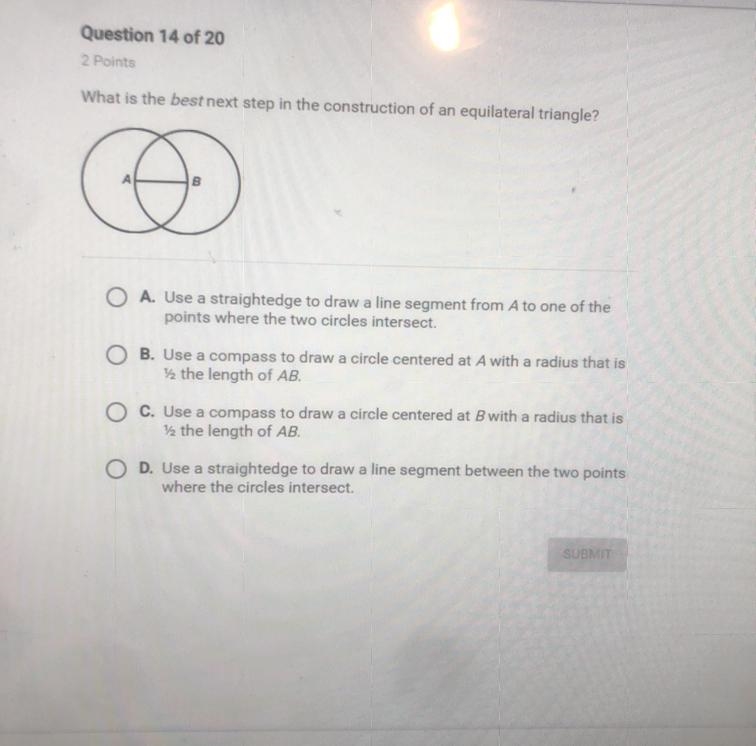 HELPPPPPPPPP What is the best next step in the construction of an equilateral triangle-example-1