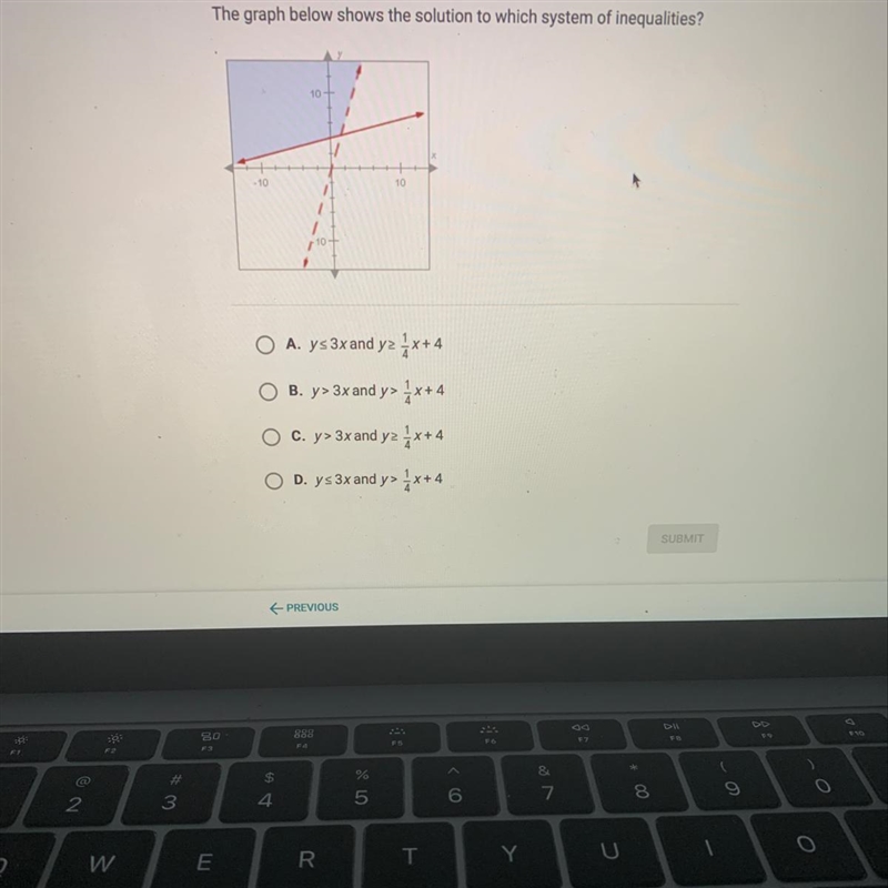 The graph below shows the solution to which system of inequalities? Someone please-example-1