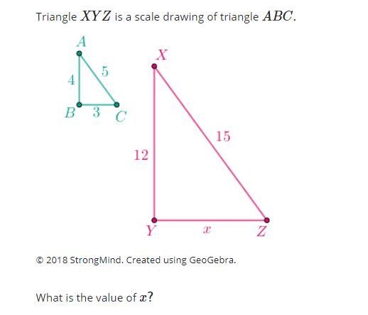 Triangle XYZ is a scale drawing of triangle ABC. Triangle ABC has side lengths 3, 4, &amp-example-1