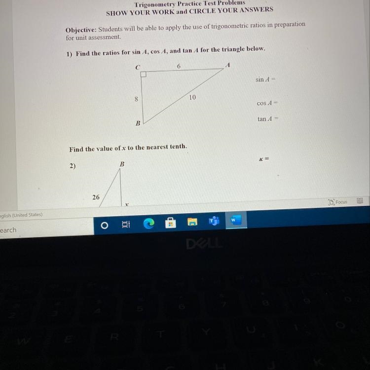 1) Find the ratios for sin A, cos A, and tan A for the triangle below. C 6 A sin A-example-1