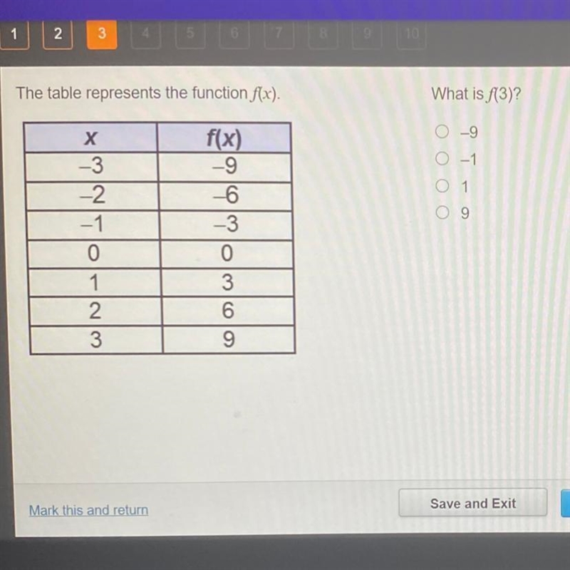 What is f(3)? o 9 0 -1 O 1 O 9-example-1