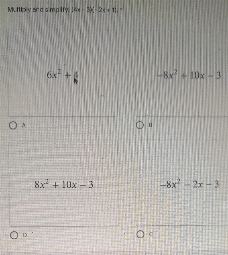 Multiply and simplify : (4x -3)(-2x+1)​-example-1