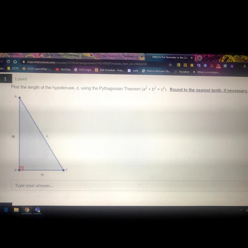 Find the length of the hypotenuse , c, using the Pythagorean theorem (a^2+b^2=c^2) round-example-1